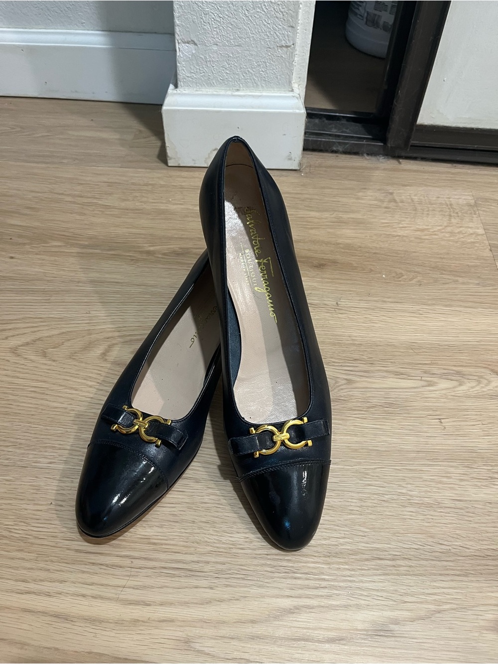 Salvatore Ferragamo Black Leather Mid Block Heel Pumps with Gold Hardware - Picture 2 of 6